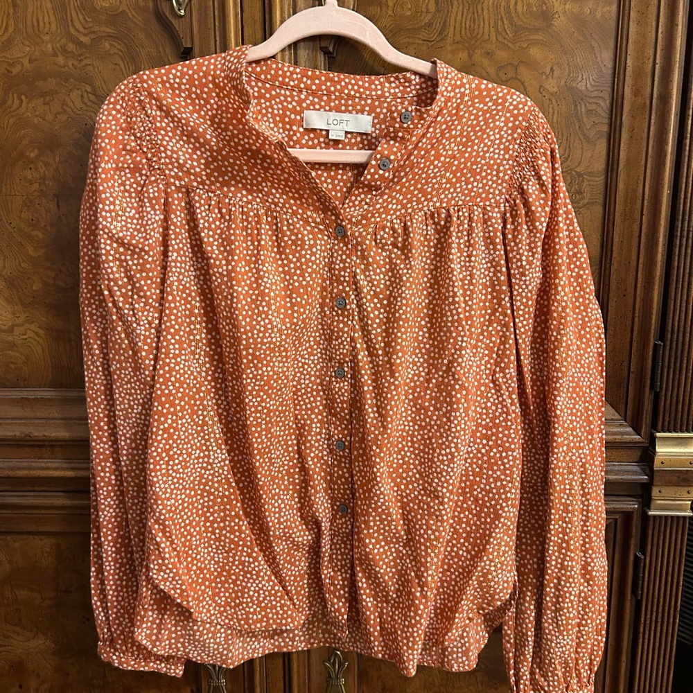 LOFT Orange Button-Up Blouse with White Dots